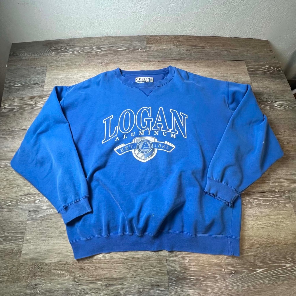 Sweatshirt Mens XL Blue Logan Aluminum Vintage 90s Distressed Gear For Sports